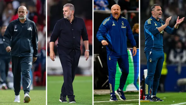 Graphic showing photos of Nuno Espirito Santo, Ange Postecoglou, Sean Dyche and Vitor Pereira