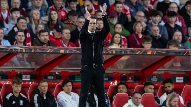Aston Villa's manager Unai Emery applauds his side during the UEFA Europa League 2025/26 Semi-Final First Leg match between Nottingham Forest FC and Aston Villa FC