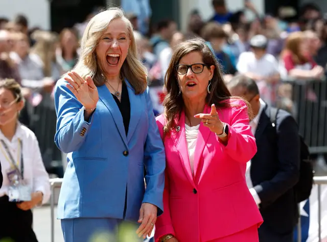 Virginia Governor Abigail Spanberger and Front Royal Mayor Lori Athey Cockrell stand together outside