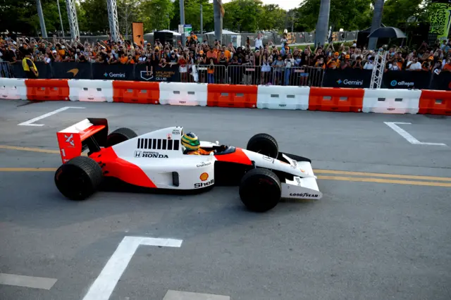 Bruno Senna drives the McLaren MP4/6 in which his uncle Ayrton Senna won the 1991 drivers' championship, his third and final world title