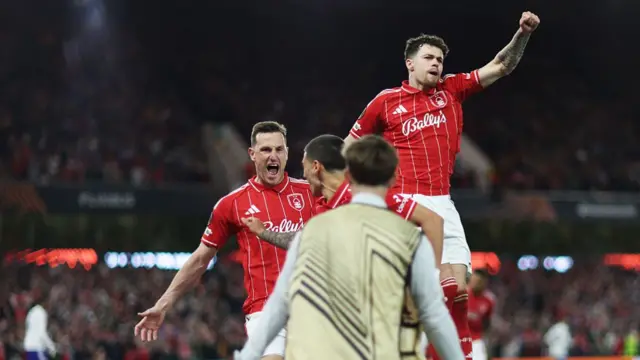 Chris Wood of Nottingham Forest celebrates scoring his team's first goal