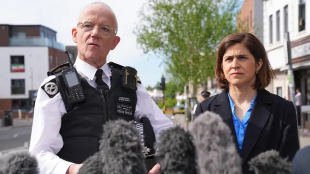 Sarah Sackman, Labour Finchley and Golders Green MP and courts minister and Metropolitan Police Commissioner Sir Mark Rowley speak to the media at the scene in Golders Green, north-west London