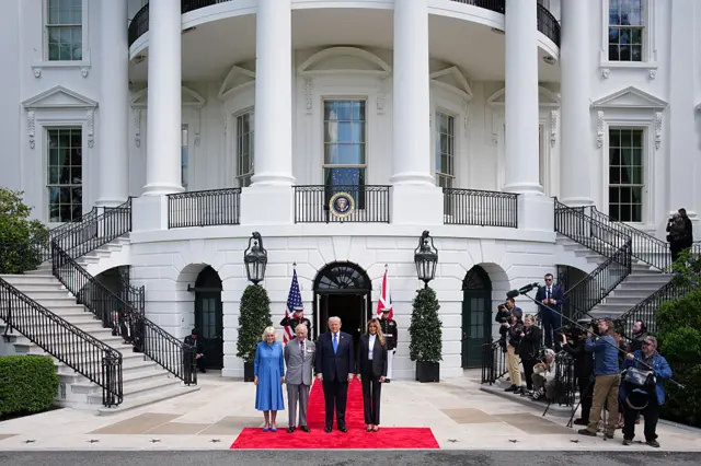 Queen Camilla, King Charles III, U.S. President Donald Trump and first lady Melania Trump pose during a farewell ceremony at the White House