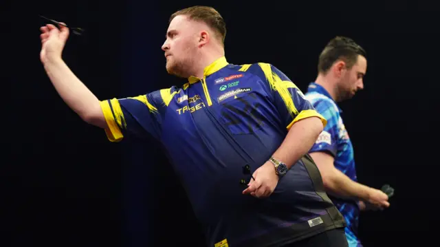 Luke Littler during the final against Luke Humphries on night thirteen of the BetMGM Premier League 2026 at P&J Live, Aberdeen