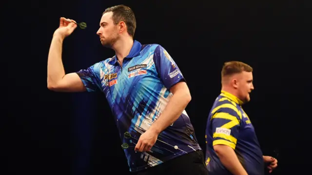 Luke Humphries during the final against Luke Littler on night thirteen of the BetMGM Premier League 2026 at P&J Live, Aberdeen
