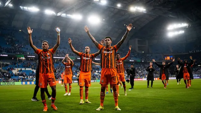 Players of FC Shakhtar Donetsk celebrate the teams victory
