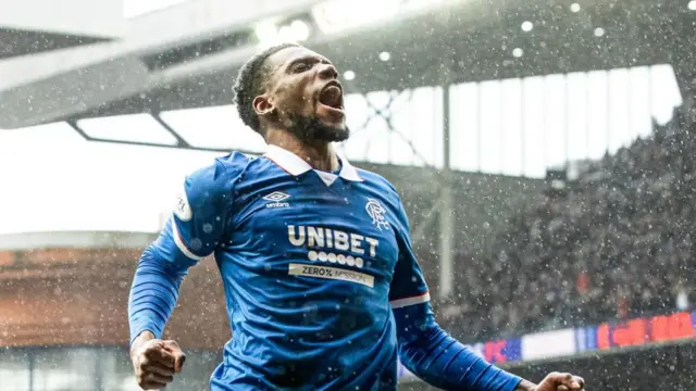 Rangers' Dujon Sterling celebrates as he scores to make it 2-0 during a William Hill Premiership match between Rangers and Dundee United at Ibrox Stadium, on April 04, 2026