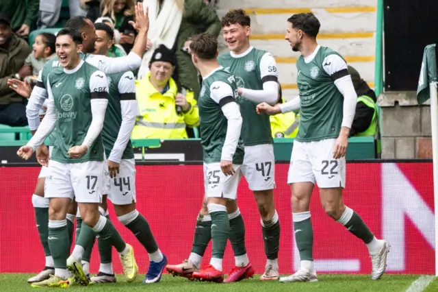 Hibs celebrate Owen Elding's very early goal