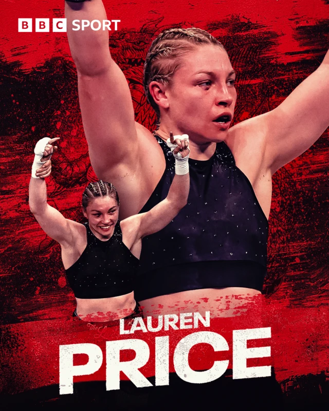 Two images of Lauren Price holding her arms up on a red and black background with her name written below