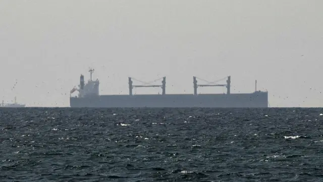 A large cargo ship pictured against a grey sky above a choppy body of water.