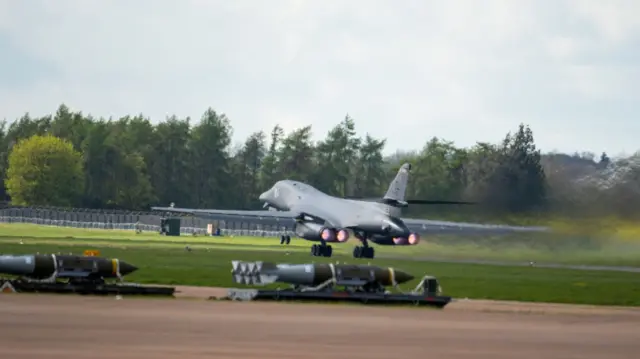 A US B-1b Lancer taking off from RAF Fairford