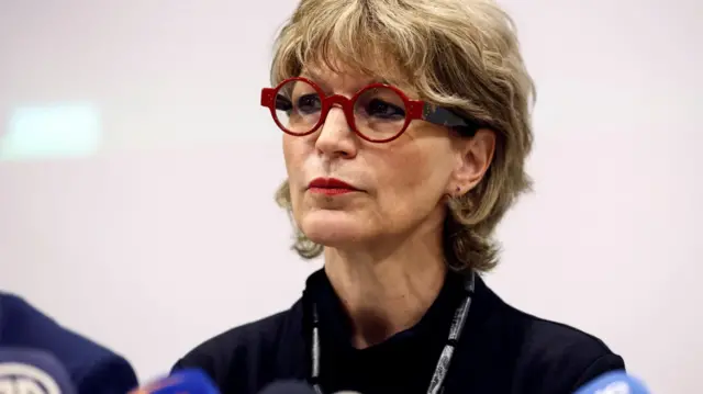 Secretary General of Amnesty International, Agnes Callamard, speaks at a press conference