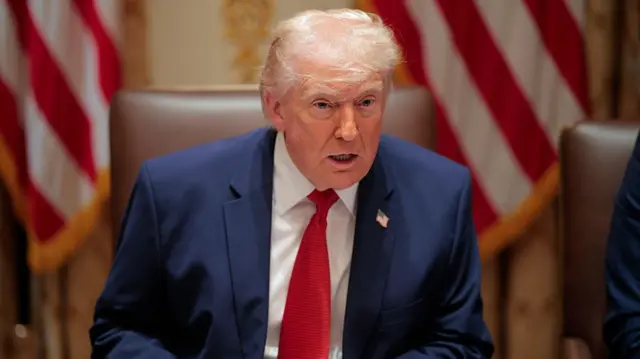 Donald Trump pictured sitting in the White House. He wears a dark blue jacket, a white shirt and a red tie, and a US flag pin on his right lapel. Two US flags are stood behind him against a white and yellow patterned wall.