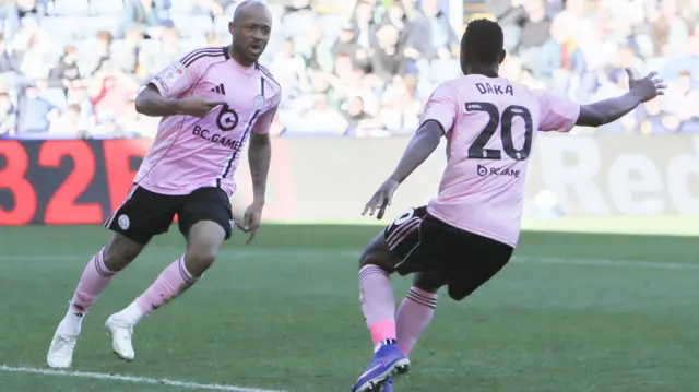 Leicester's Jordan Ayew celebrates scoring at Sheffield Wednesday