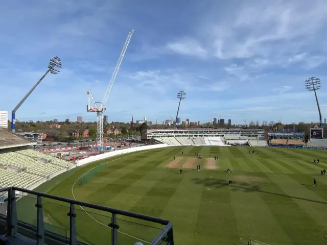 A white crane dominates building work at Edgbaston ahead of the final days play