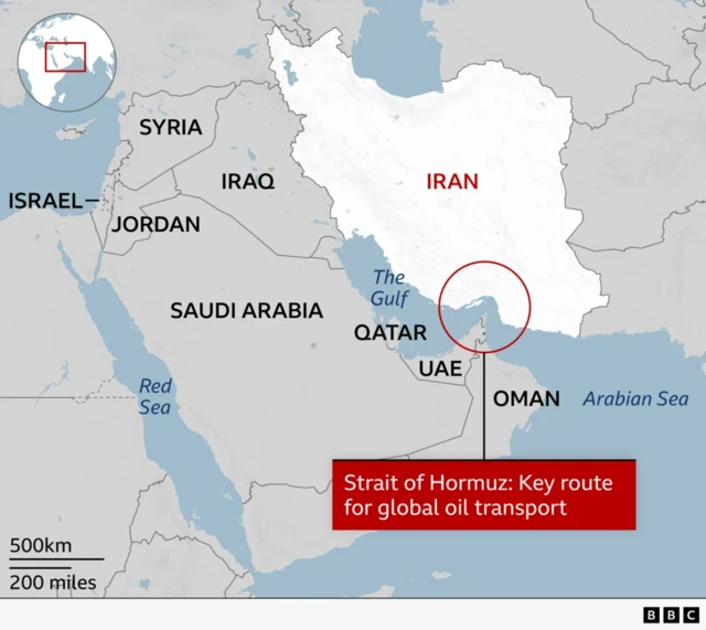 A graphic showing a map of the Middle East, highlighting the Strait of Hormuz at its narrowest point between Iran and Oman.
