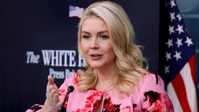 White House Press Secretary Karoline Leavitt gesturing with her right hand and speaking to a reporter through a microphone, with a White House Press Briefing sign behind her and an American flag
