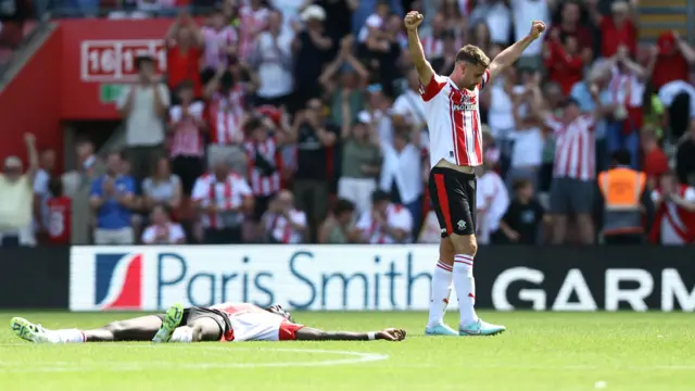 Jack Stephens celebrates Southampton's 2-1 win over Wrexham
