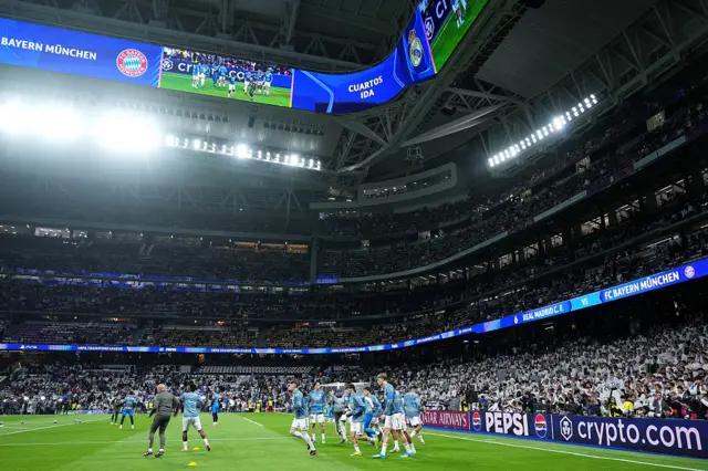 General view inside the stadium as players of Real Madrid warm up