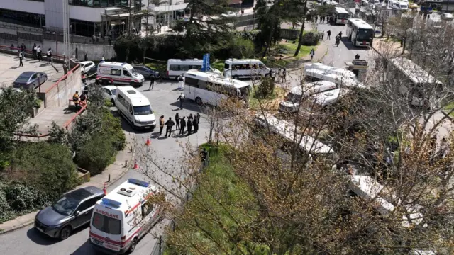 Drone footage shows police officers and medics near several ambulances near the Israeli consulate in Istanbul