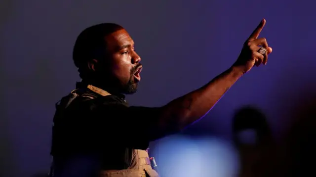 Kanye West gestures into the crowd during a rally in support of his presidential bid in 2020