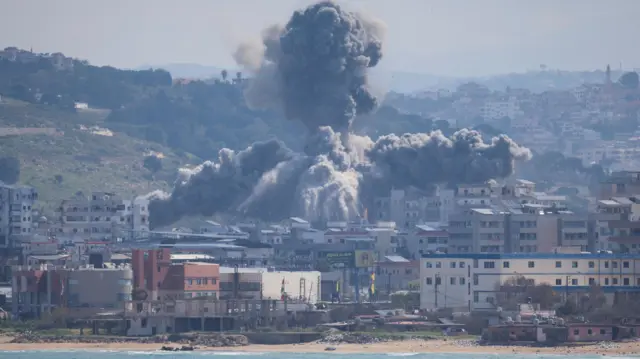 Smoke rises from an explosion in the Abbasiyeh neighbourhood following an Israeli strike, in Tyre, Lebanon, April 8, 2026.