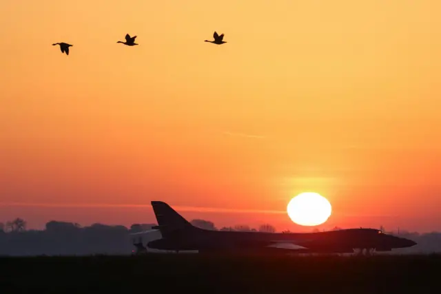 A US B-1B Lancer seen parked at RAF Fairford in Gloucestershire on Wednesday morning. The US Air Force has used the base for operations in Iran - the UK says they were for "defensive" strikes on Iranian missile sites