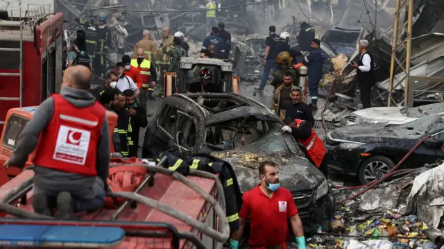 This picture from Al-Mazraa in Beirut shows the aftermath of an Israeli strike. More than 1,500 people have been killed by Israeli strikes in Lebanon in more than a month of war, Lebanon's health ministry says