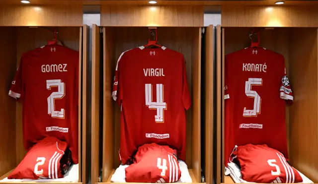 The shirts of Joe Gomez, Virgil van Dijk and Ibrahima Konate are displayed
