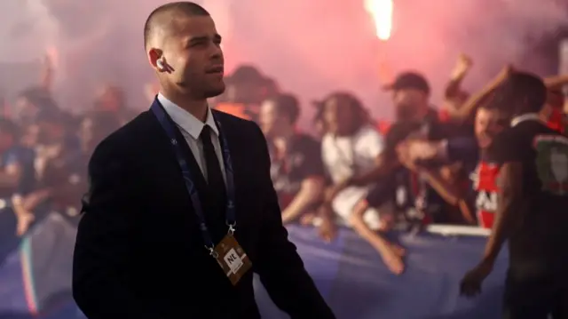 Paris St Germain's Lucas Hernandez arrives at the stadium