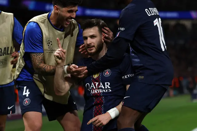 Paris Saint-Germain's Georgian forward Khvicha Kvaratskhelia celebrates