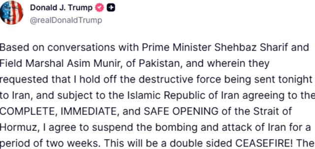 How Donald Trump announced the ceasefire: Donald J. Trump @realDonaldTrump + Based on conversations with Prime Minister Shehbaz Sharif and Field Marshal Asim Munir, of Pakistan, and wherein they requested that I hold off the destructive force being sent tonight to Iran, and subject to the Islamic Republic of Iran agreeing to the COMPLETE, IMMEDIATE, and SAFE OPENING of the Strait of Hormuz, I agree to suspend the bombing and attack of Iran for a period of two weeks. This will be a double sided CEASEFIRE! The