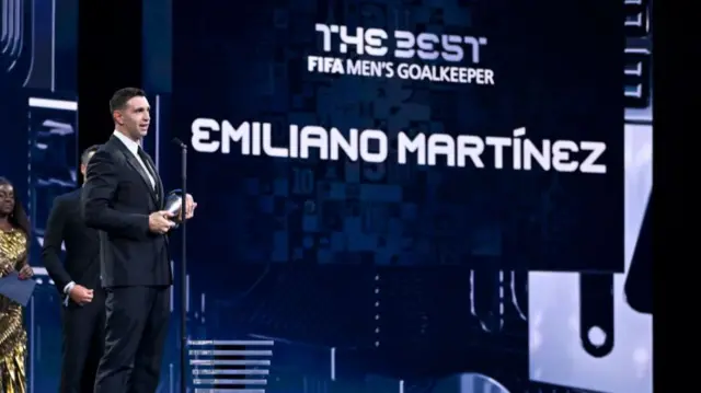 Emiliano Martinez with his Fifa best goalkeeper award
