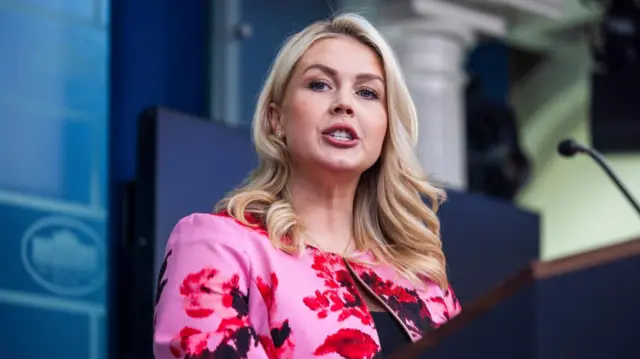 White House Press Secretary Karoline Leavitt speaks to reporters in the briefing room of the White House.