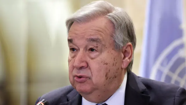 Secretary-General of the United Nations Antonio Guterres speaks during a press conference in Beirut, Lebanon, 14 March 2026.