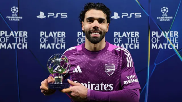 David Raya with his player of the match award