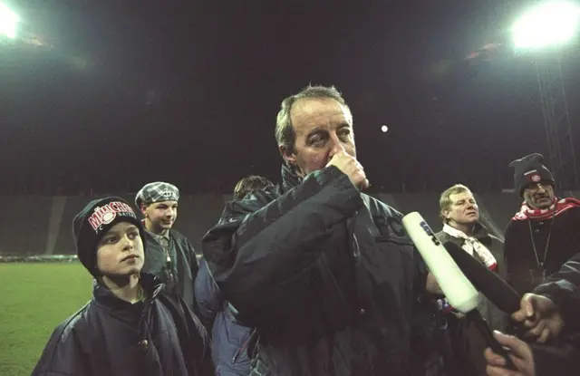 Nottingham Forest Manager Frank Clark speaks to the press after the UEFA Cup quarter-final against Bayern Munich