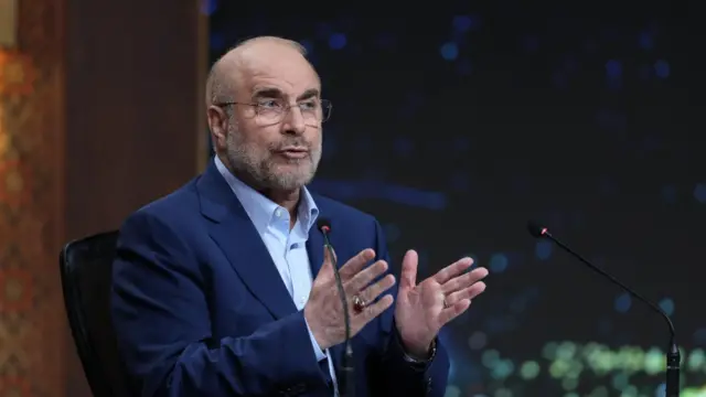 A handout picture made available by the Iranian state TV (IRIB) shows Iranian presidency candidate Mohammad Bagher Ghalibaf during a TV debate.