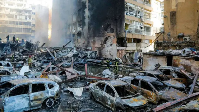 Firefighters attempt to extinguish a fire following an Israeli strike at the Corniche al-Mazraa neighbourhood of Beirut on April 8, 2026. Around 2:00 pm (1100 GMT), a series of Israeli strikes slammed into the Lebanese capital without warning, triggering scenes of panic.