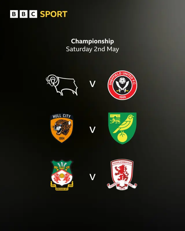 Race for sixth fixtures: Derby v Sheffield United; Hull City v Norwich City; Wrexham v Middlesbrough