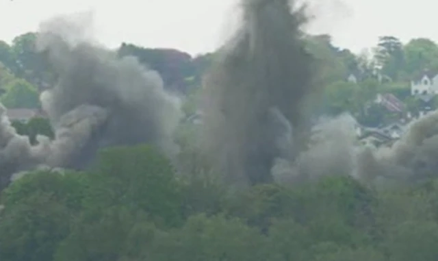 Smoke seen behind trees as bomb is detonated
