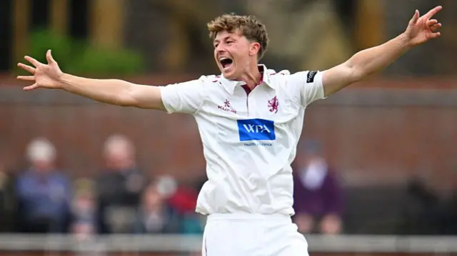 Alfie Ogborne celebrates taking a wicket