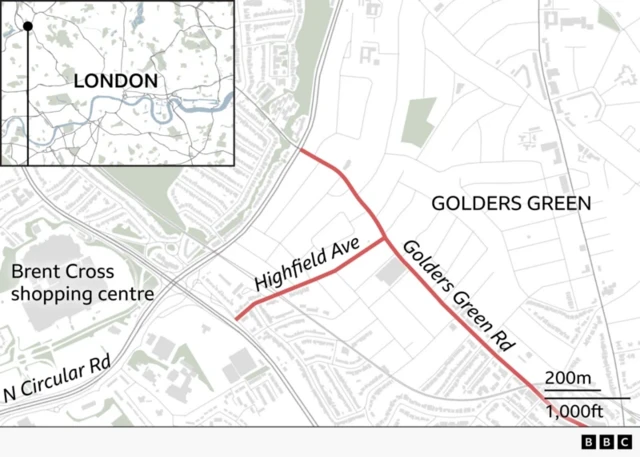 Map of the Golders Green area in north London highlighting Golders Green Road and Highfield Avenue in red. Nearby landmarks are label. An inset map in the top left shows the location of the area in northwest London