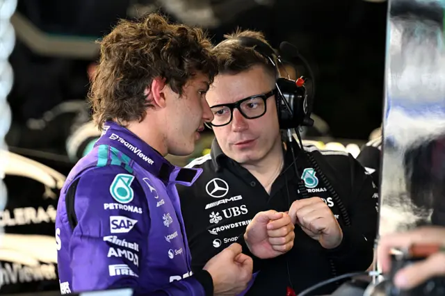 Kimi Antonelli speaks to Pete Bonnington in the Mercedes garage