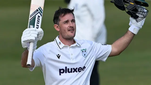 Gareth Roderick celebrates scoring century