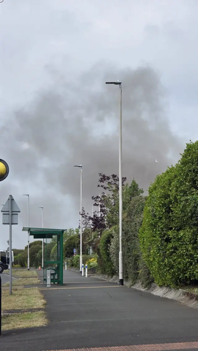 Smoke rising in the sky seen floating above a road, bushes and a bus stop.