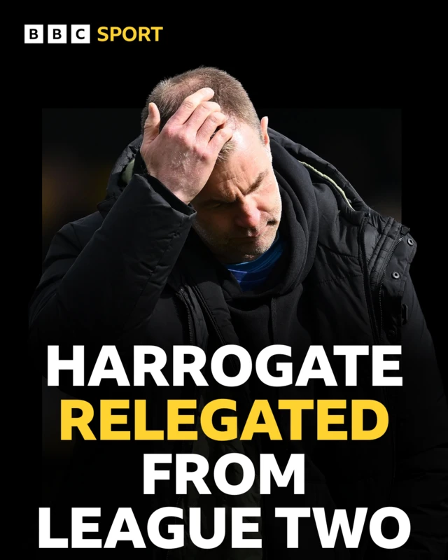 Harrogate relegated from League Two headline with a dejected looking manager Simon Weaver
