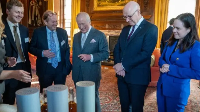 The King and First Minister John Swinney and Deputy First MinisterKate Forbes, about to enjoy a dram of Rosebank 31YO Whisky on 19 January 2026 in Scotland.
