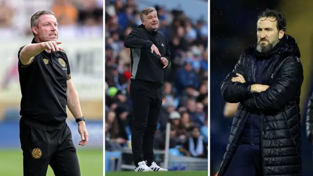 Side by side images of Neil Harris, Karl Robinson and Martin Paterson coaching their teams from the sidlines