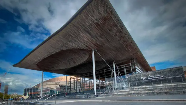 A wide‑angle exterior view of the Senedd Cymru, the Welsh Parliament building in Cardiff Bay. The image is taken from a low angle, emphasizing the large, curved wooden roof that projects outward like a canopy and is held up by slender white columns and steel cables. Beneath the roof is a glass‑fronted entrance with visible structural beams. Wide grey stone steps and gently sloping ramps fill the foreground, leading up to the building and suggesting step‑free access. The words “Senedd Cymru / Welsh Parliament” are visible on the stone wall to the right of the entrance. The sky above is dramatic, with dark grey clouds mixed with patches of blue, creating a striking contrast with the warm wood tones and cool stone surfaces of the building.
